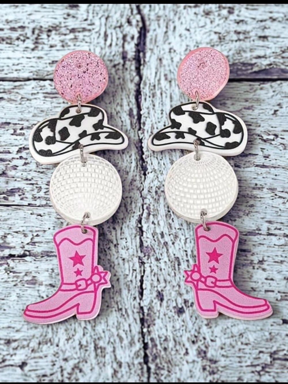 Western Cowgirl Hat Disco Ball Boots Design Dangle Earrings